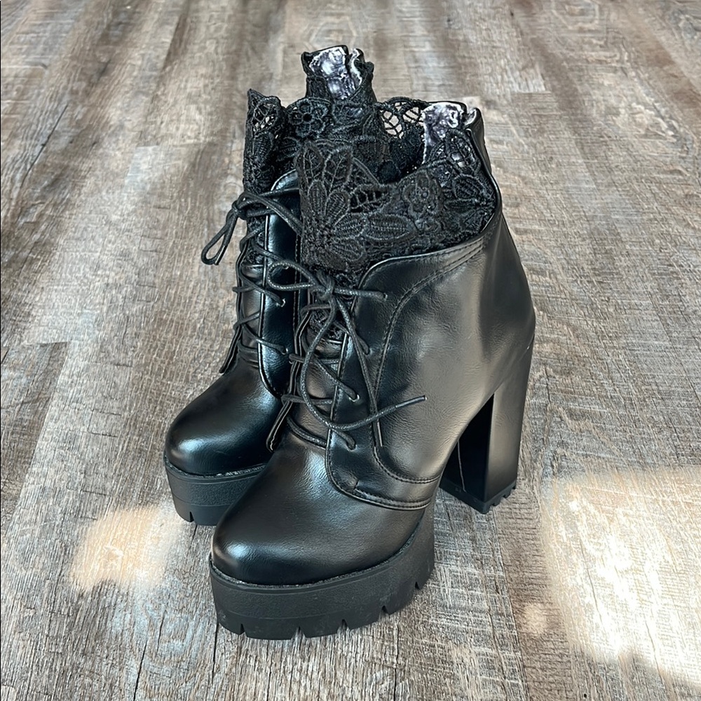 Black Lace-Up Platform Ankle Boots